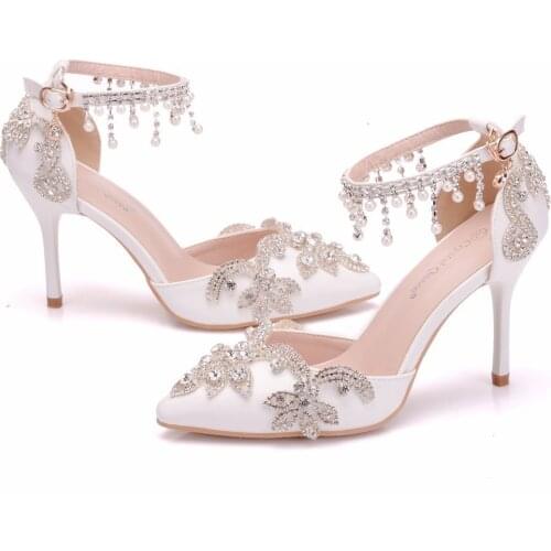 Tassel diamond pearl trade sandals thin heel pointed sandals white pointed shoes womens trade high heels
