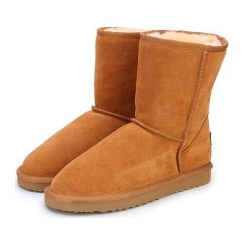 Female Classic Genuine Cowhide leather snow boots Women mid calf Boots Warm winter for women large size Wine red boot