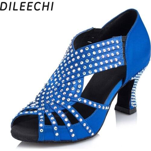 DILEECHI Blue Satin Rhinestones Womens Latin dance shoes female Salsa Square dance shoes soft outsole Party Wedding shoes