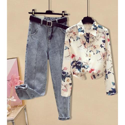 2020 Spring 2 Pieces Jeans Suits Women Long Sleeve Floral Print Shirt Blouse + Calf-length Denim Pants Sets Two Piece Outfits 06