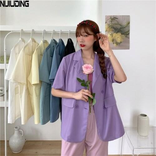 NIJIUDING Blazers for Womens 2020 Summer New Solid Short Sleeve Single Breasted Notched Collar Loose Vintage Suits Coat Female