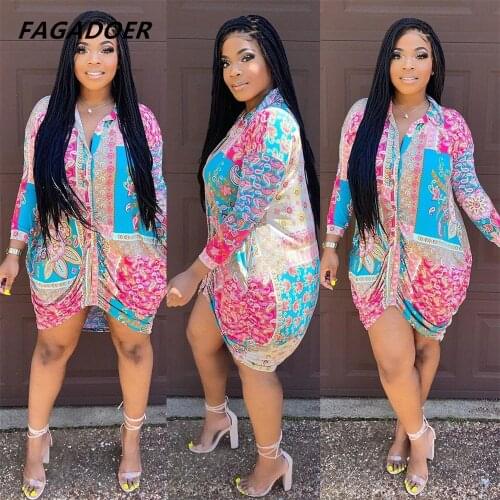 Fagadoer Women Ruched Shirts Dress Retro Print V Neck Buttons Full Sleeve Shirring Straight Dresses Office Lady Streetwear