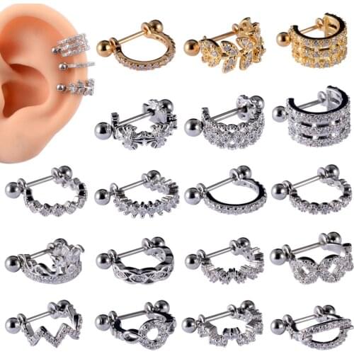 25PCS/Lot Ear Cartilage Ring Stainless Steel Barbell With Cz Hoop Tragus Cartilage Cuff piercing Helix Daith Rook Lobe Earrings