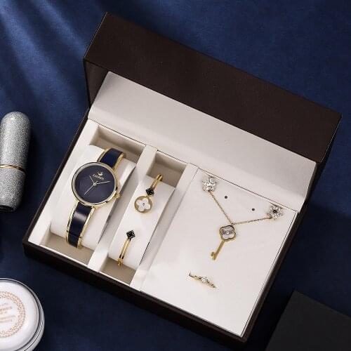 5PCS Gift box watches set women simple fashion dress wristwatches with 316 stainless steel bracelet necklace earring ring set