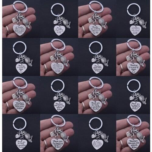 Teachers Keyrings Thank You Love Heart Owl Charm Keychains Engraved Words Heart Pendant Graduation Gifts Thanksgiving Presents