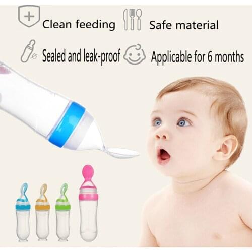 Newborn baby safety bottle baby silicone squeeze feeding spoon milk bottle baby training feeder complementary food 90ML