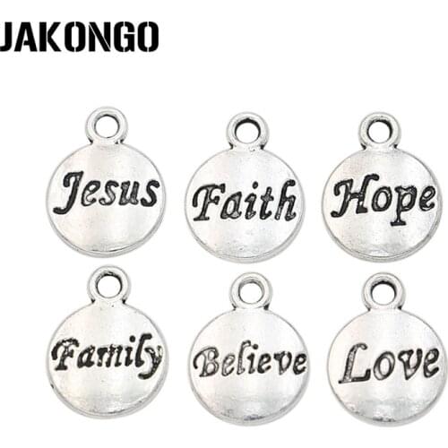 JAKONGO 24pcs Tibetan Silver Plated Faith Believe Hope Love Family Charms Pendants for Jewelry Making DIY Handmade Craft 15*12mm