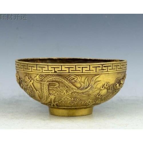 Chinese Antique Handmade Brass Statue Dragon Bowl Home Accessories Collection Ornaments