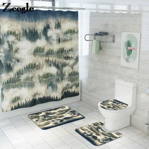 Scenic Pattern Bath Mat Shower Curtain Set Post-morden Bathroom Carpet Mat Toilet Non Slip Foot Mat Absorbent Bathroom Carpet