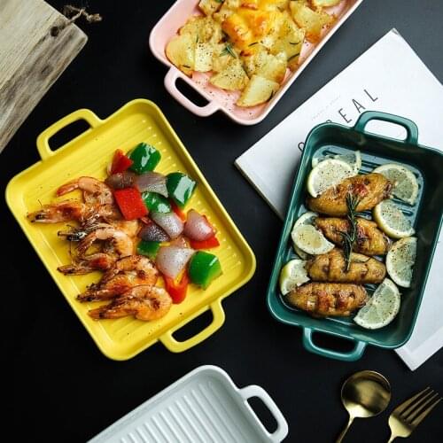 Nordic Style Binaural Square Baking Pan Ceramic Plate Household Dishes Creative Tableware Net Red Baked Bowl Baked Rice Plates