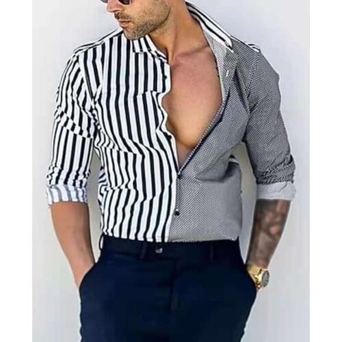 Fashion Men Shirt Long Sleeve Streetwear Print Striped Patchwork Summer Casual Hawaiian Oversize Shirt Men Dress Clothing Top