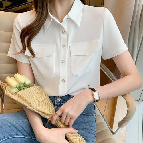 Fashion Women Short Sleeve Korean style Blouse Solid color Casual Ladies Shirts
