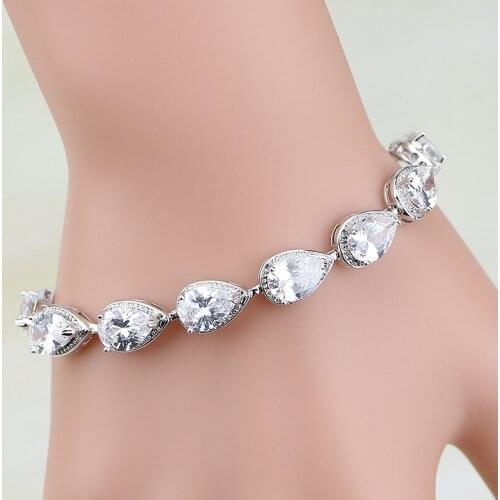 Trendy White Cubic Zirconia 925 Sterling Silver Water Drop Link Chain Bracelet 7 inch For Women Free Shipping & Jewelry Bag S087