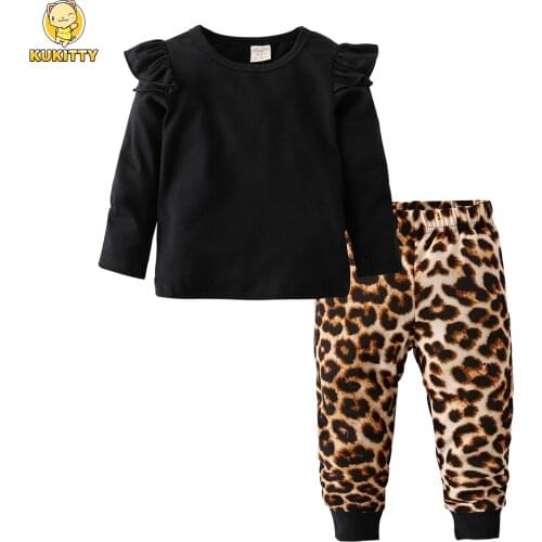 Fashion Cool Baby Girls Clothing Set Cotton Long Sleeve Black Tops+Leopard Pants Casual Toddler 2Pcs Newborn Baby Girls Clothes