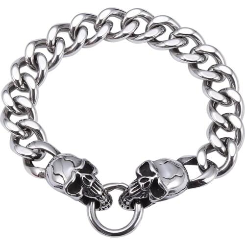 12mm Double Skull Stainless Steel Curb Cuban Link Chain Men Trendy Bracelets Hiphop Rock Jewelry Male Wristband Gift GS0006
