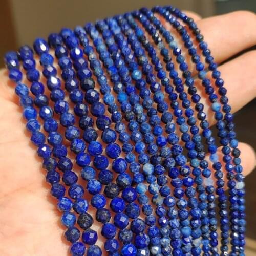 Natural Blue Lapis Lazuli Jades Beads Faceted Stone Round Loose DIY Beads for Jewelry Making Handmade Bracelet 15inch 2/3/4mm