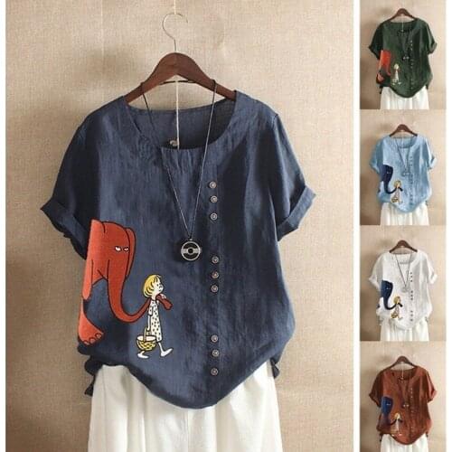 New Printed T-shirt Cotton Hemp Casual Short Sleeve T-Shirt Green White Navy Blue Brown Light Blue Cartoon Shirts