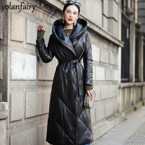 2020 New Real Leather Jacket Women Winter Down Jacket Hooded Long Sheepskin Coat Female Genuine Leather Warm Qbl-yr02 KJ4886