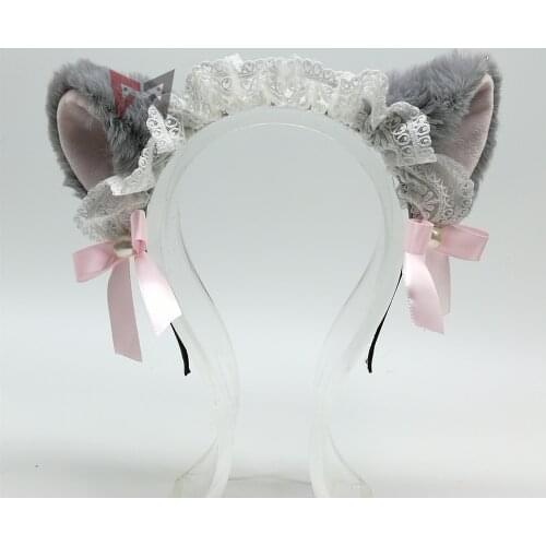 New Cat Lace Ears Headwear Hairhoop Gray Fur Cosplay Stage Performance Prop For Christmas Holiday Custom Made