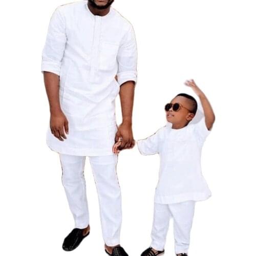 African clothes fashion family clothing solid white half sleeve tops with trousers mens pant set custom made for father and son