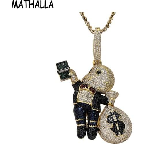 Hip Hop Boy With Money Bag Pendants 4 colour Cartoon Character Necklace Iced Out Bling Cubic Zirconia Hip Hop Jewelry Men Boys