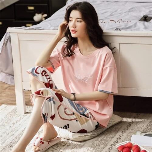 Pajamas Womens Spring Summer Cotton Short Sleeve Capris Fresh Sweet Home Clothes Lady Sleepwear Female Nightwear Lounge Sets