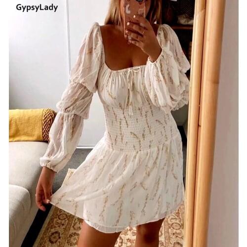 GypsyLady Floral Printed Mini Dress Long Sleeve Summer Holiday Women Dress Elastic Sexy Chic White Ladies Female Party Dresses