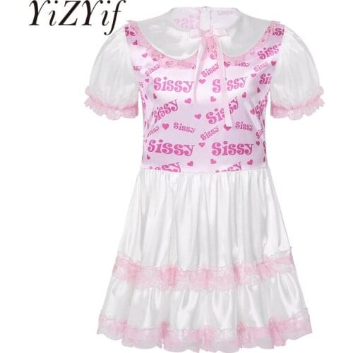 Men Dress Sissy Silky Satin Doll Collar Short Puff Sleeves Bodice Lace Trimmed Ruffled Dress Adult Baby Cross Dresser Costume