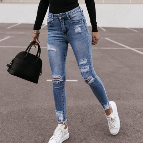 Ripped Jeans for Women Street Style Sexy Mid Rise Distressed Trouser Stretch Skinny Hole Denim Pencil Pants 4211033