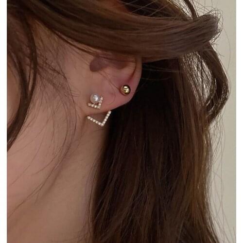 Korean And Japan Earrings For Women Letter V-shaped Piercing Stud Earring Shiny Stone Korea Ladies Gold Ear Jewelry
