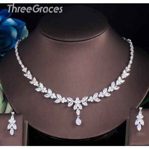 ThreeGraces Simple Fashion Sparkling White Cubic Zirconia Leaf Earrings Necklace Set for Women Bridal Wedding Jewelry Sets JS509