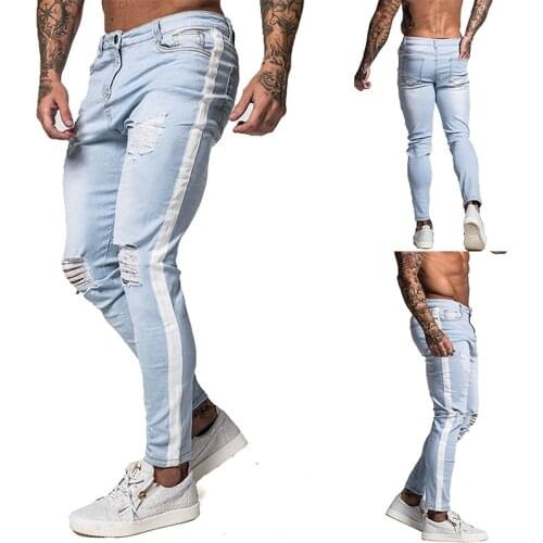 Spring and autumn new men jeans fashion blue hole denim trousers side stripes distressed mid-waist zipper straight jeans