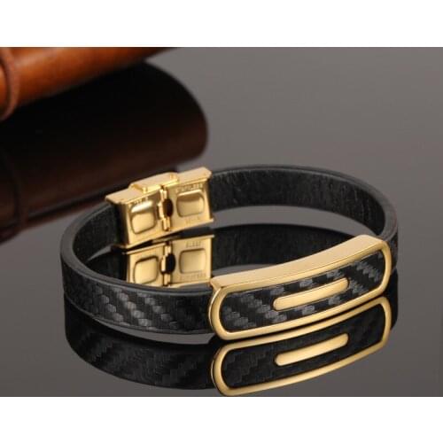 Vintage Mens Genuine Leather Bracelets for Men Titanium Steel Carbon Fiber European Fashion Jewelry Gold Color New Arrival