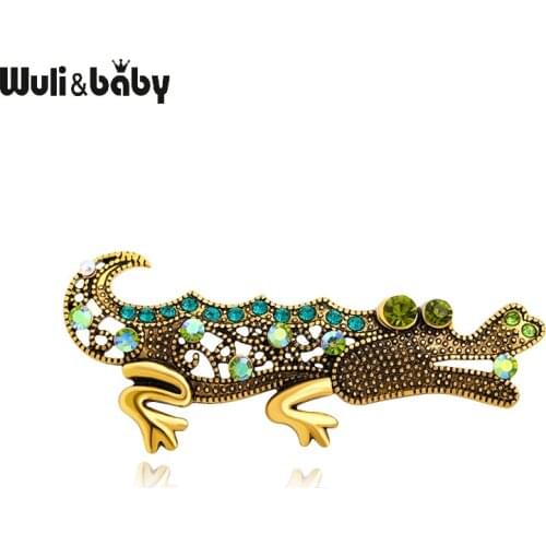 Wuli&baby Vintage Rhinestone Crocodile Brooches For Women Green Lovely Alligator Animal Party Casual Brooch Pin Gifts