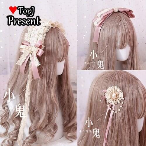 1 pcs Lovely Harajuku Hairpin Soft Sister Pink suit Lolita bow pearl with spun silk hairband KC Lolita cosplay accessory