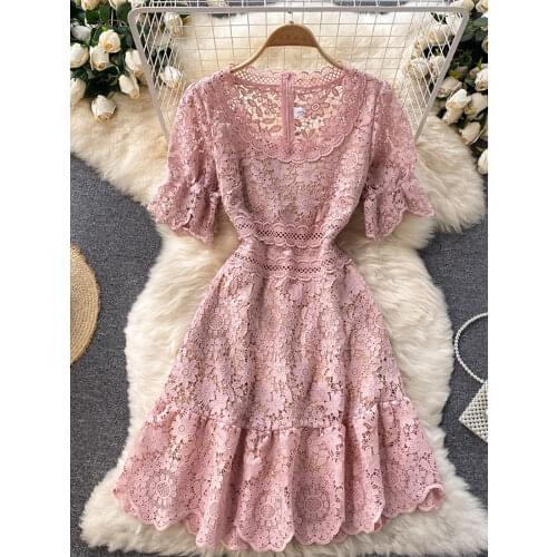 Women Hollow Out Lace Mini Dress Vintage Round Neck Short Sleeve High Waist A-Line Ruffle Party Vestidos Female Robe 2021 New