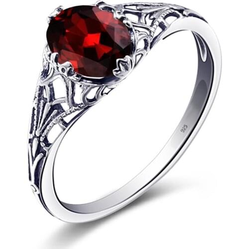 Female Ring Real 925 Sterling Silver Oval Red Garnet Ancient Silver Rings for Women Romantic Passionate Wedding Jewelry Wholesal