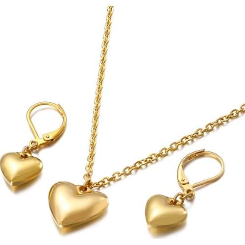 Gold and silver Color popular fashion heart pendant necklace and clip earrings jewelry set for women Anniversary gift