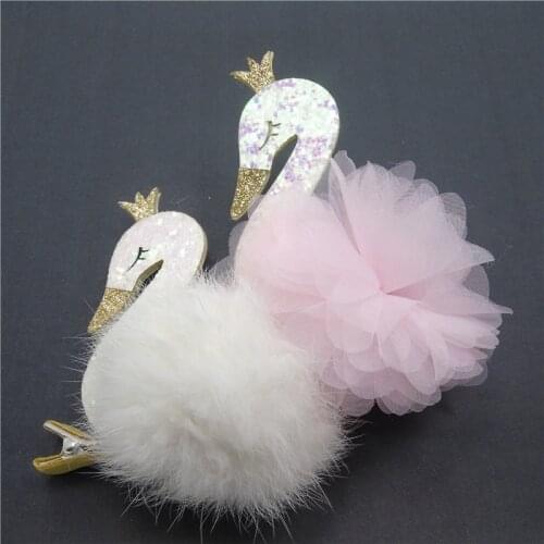 10pc/lot Big Graceful Swan Hair Clips Gold Crown Cartoon Animal Barrette Pink Chiffon Flower Hairpin Artificial Furry Pom Pom