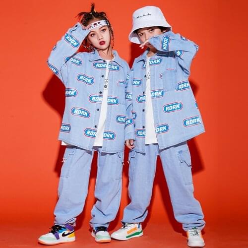 Children Hip Hop Outfit Boys Denim Shirt Pants Girls Long Sleeves Suit Jazz Costume Ballroom Dance Wear Drum Show Costume BL5131