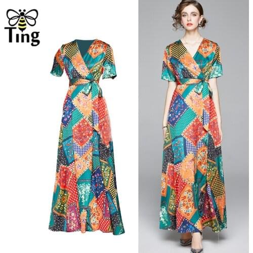 Tingfly Summer Vintage Elegant Color Block Floral Maxi Long Dress Dinner Dresses Retro Office Lady Work Dress with Sashes Robes