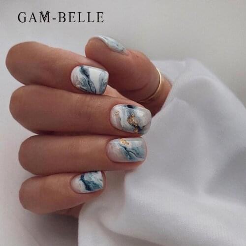 GAM-BELLE 24 Pcs Gold Foil False Nails Marble Gradient Pattern Design French Press On Nails DIY Beauty Manicure Extension Tools