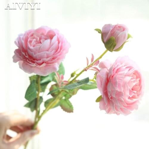 3 Heads Artificial Rose Peony Flower branch with leaves Silk flores peonies for indoor Home table decor DIY wedding decoration