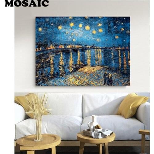 Starry Night on the Rhone River by Vincent Van Gogh Picture,5d diamond painting full drill square,Cross Stitch Mosaic Embroidery