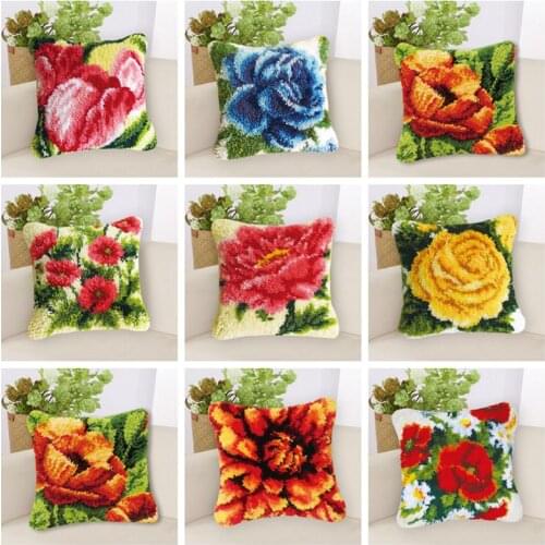 Latch Hook Pillow Latch Hook Diy Kit Klink Haak Kleed Bloemen Smyrna Knooppakket Cross Stitch Pillows Embroidery Do It Yourself