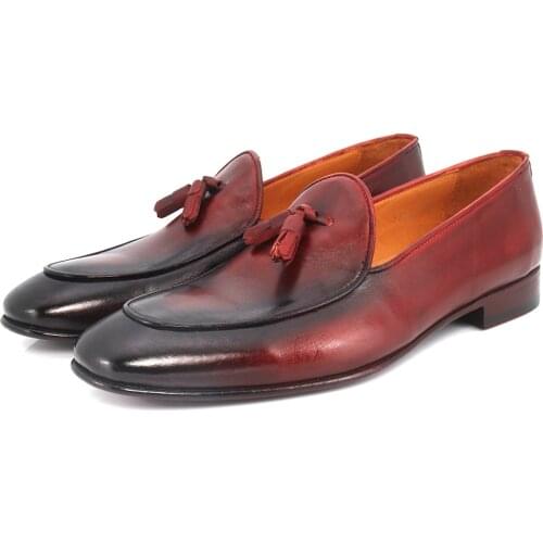 SHENBINs Burgundy Patina Tassel Loafers with Genuine Leather Soles, Shenbins Premium Hand Dyed Footwear, Formal Party Fashion