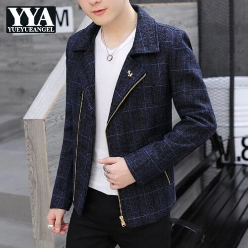 Fashion Mens Autumn Casual Slim Fit Jacket Zipper Plaid Outerwear Coat Lapel Collar Chaquetas Hombre Fleece Lining Jackets Khaki