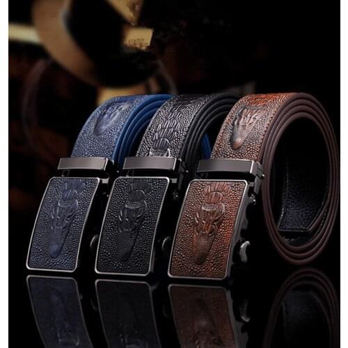 Automatic Buckle Split Leather Men Casual Belts Black Blue Brown Crocodile Belt for Men High Quality Ceintures Homme