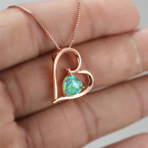 Rose Gold Silver Color Chain Necklace Vintage Hollow Love Heart Wedding Necklace Female Rainbow Opal Pendant Necklaces For Women