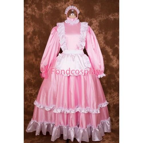 Sexy Lockable Pink Satin Sissy Maid Long Dress Cosplay Costume Uniform[S008]